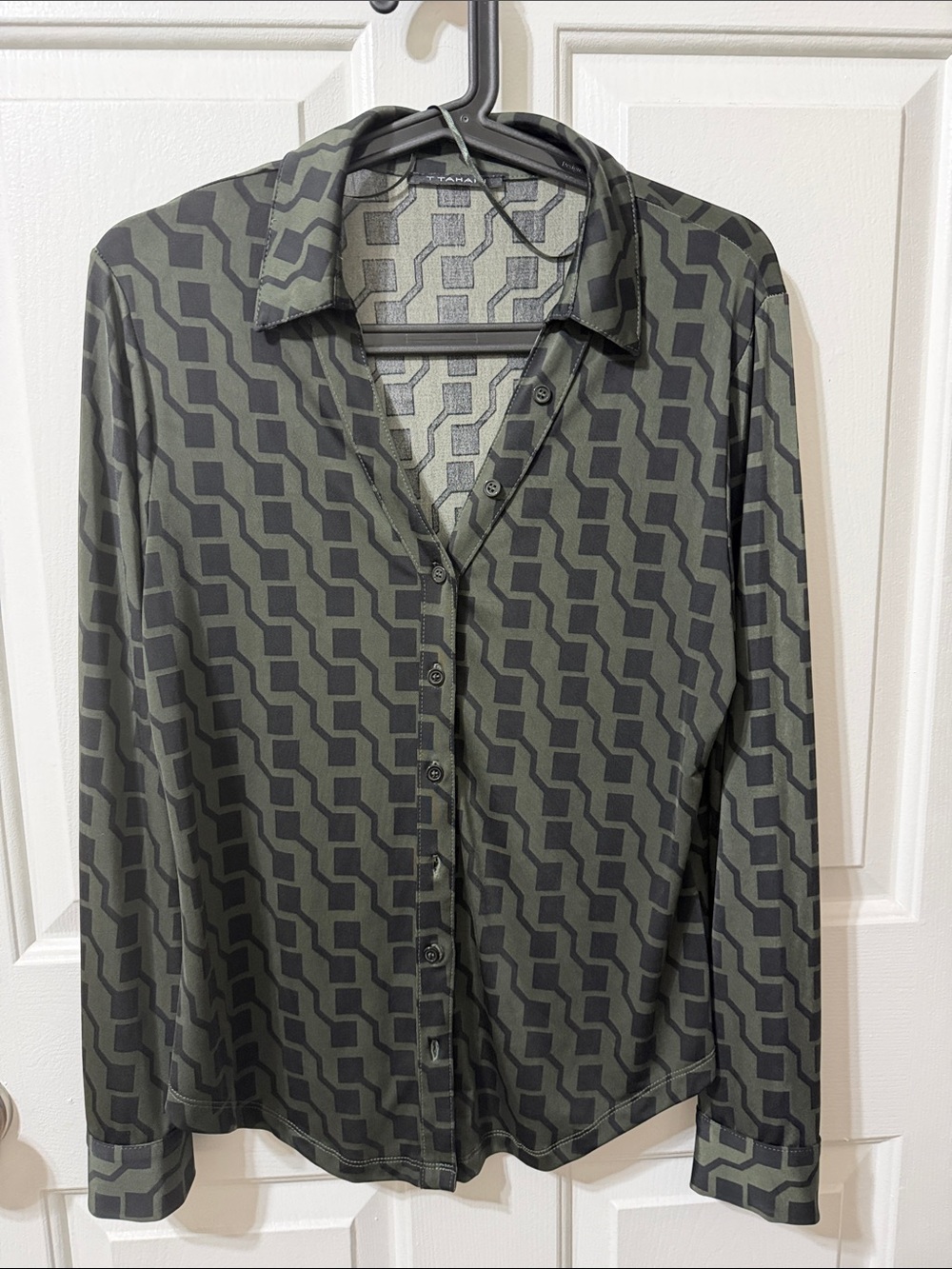 Tahari Olive and Black Geometric Button-Up Blouse